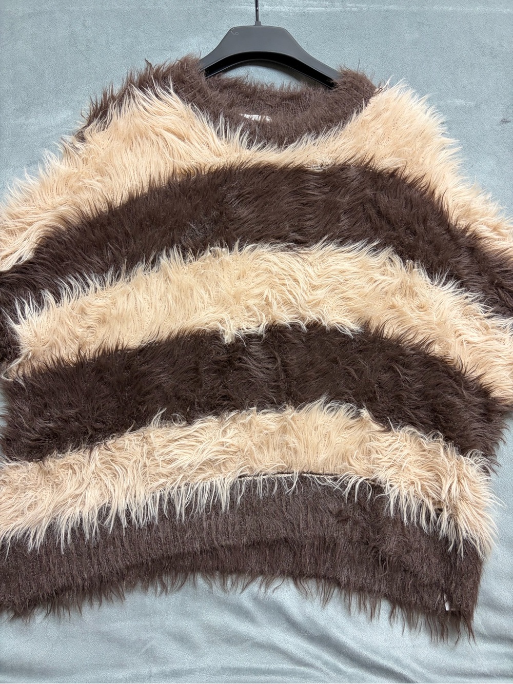Topshop Womens M Shaggy Fuzzy Sweater Brown Cream Stripe Fluffy Y2K Oversized - Picture 6 of 15